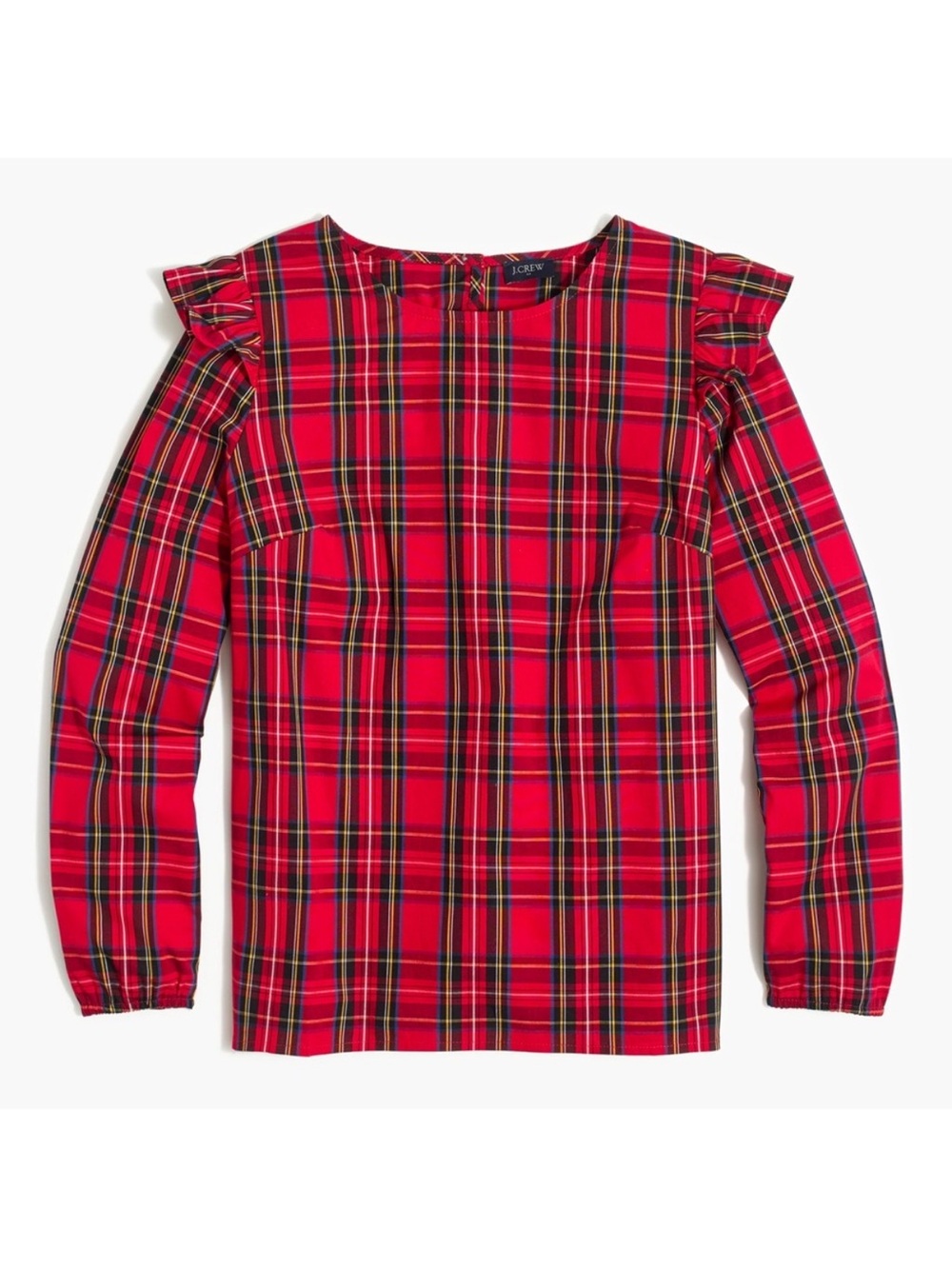 J. Crew Red Tartan Plaid Ruffle Trim Shoulder Top
